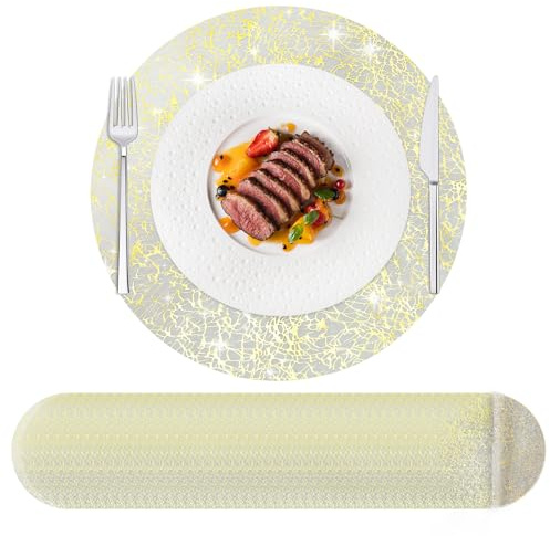 HYSENM 50 Stück Einweg-Tischsets, Gold Schwarz 33 cm Rund Ultradünn, Foliennetz, gepresste Tischdeckchen, Einweg-Platzdeckchen für Heimdekoration, Esstisch, Hochzeit, Geburtstag, Party