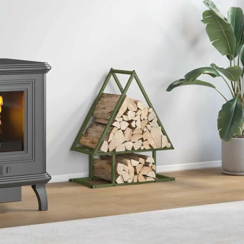 Gecheer Firewood Log Rack Metal Log Store Holder for Outdoor Indoor Metal Fireplace Wood Storage Shelf Olive Green 50x25x60 cm Cold-rolled steel