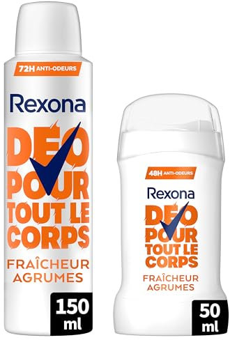 Lot de 2 Déodorants pour Tout le Corps Rexona - 72h de Protection - Fraîcheur Agrumes - 1 Spray 150ml & 1 Stick 50ml