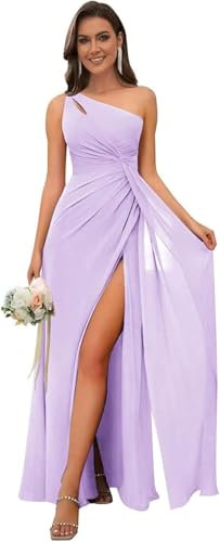 Vestido de dama de honor con un hombro descubierto para mujer, vestido formal de gasa con abertura, vestido formal de noche, Lila, 40