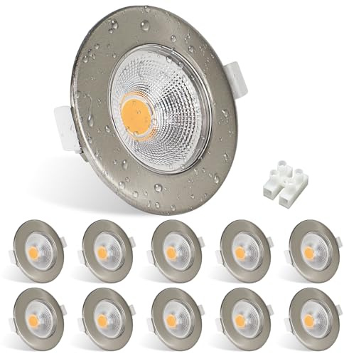 Allesgute 10er LED Einbaustrahler 230V 7W, Gebürstet Edelstahl Einbauleuchten 3000K Warmweiß 600LM, Deckenspots 60° Abstrahlwinkel LED Spots Flach 65-85mm Lochmaß | Flacher LED Spot mit 60° Abstrahlwinkel, 600lm 3000K Warmweiß, 65-85mm Einbaudurchmesser, für Bad Küche Wohnzimmer