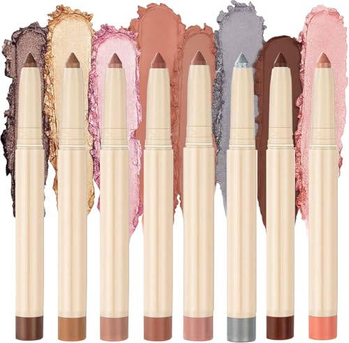 8Pcs Eyeshadow Brightener Stick Makeup Set, Champagne Pearl Taupe Bronze Cocoa Stone Putty Smoky Pink Shimmer Matte Eyeshadow Applicator Stick Makeup for Older Women