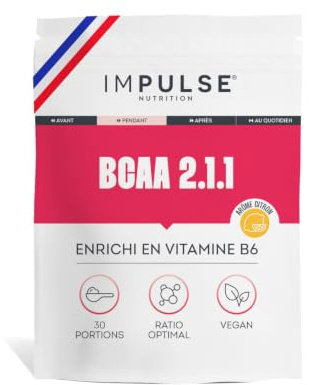 Impulse Nutrition - BCAA 2.1.1 Saveur Citron - Acides Aminés - 240g | Réduction Fatigue - Vitamine B6, 7g BCAA par Dose, Ratio Optimal 2.1.1 - Vegan - Sans Arôme Artificiel - Fabriqué en France