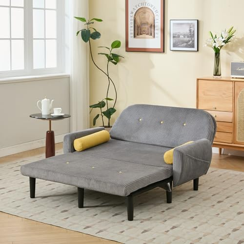 A ALFRESCOOL Sofa mit Schlaffunktion, Schlafsofa Klein, Cord Sofa 2 Sitzer, Kann als Sofa, Bett und Liegestuhl, Samtpolsterung für Wohnzimmer und Schlafzimmer, 180 * 128 * 53cm (Grau)