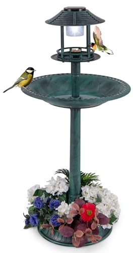 GYMAX Bain d'oiseaux Lumineux Solaire, Mangeoire sur Pied avec Base de Planteur, Abreuvoir d'oiseaux Sauvage Décoratif Vintage pour Extérieur Patio, Jardin, Pelouse (Bronze)