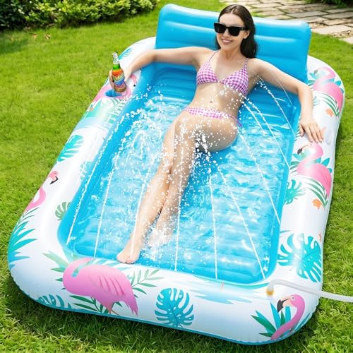 Inflatable Tanning Pool Lounger Float with Sprinkler, 78 x 48 Pool Floats Adult with Pillow, 3 in 1 Blow Up Tanning Bed, Suntan Tub Raft Floatie for Pools, Beach, Backyard Summer Water Party