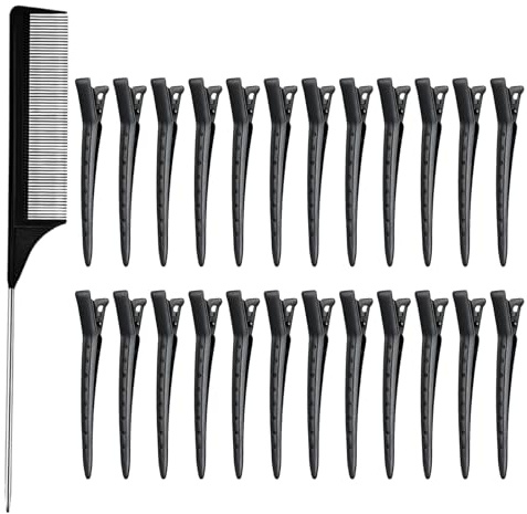 24 Piezas Pinzas para el Cabello con Peine, Pinzas Pelo de Metal Profesionales para Peluquería, Pinza Pelo Peluquería, Para Peinar el Cabello para Extensiones de Cabello（Negro）
