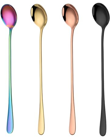 Long Handle Latte Spoons Set – Long Teaspoons Set of 4 - Stainless Steel Mixing & Stirring Spoons for Coffee, Espresso, Sundae, Iced Tea & Desserts (7.4 Inch)