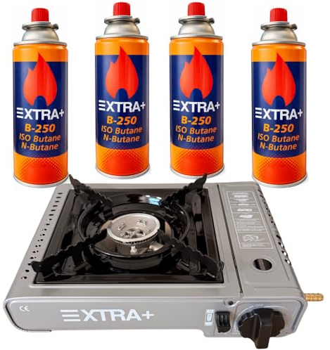 All4sale - Cocina de Camping Gas Portátil Dual con 4 Recargas B-250, Compatible con Cartucho y Botella de Butano, Encendido Automático, Hornillo Compacto para Exterior y Emergencias