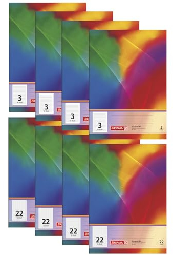BRUNNEN Schulheft-Set DIN A4 | 8er Pack | 4x Lineatur 3 (liniert, 3. Klasse) & 4x Lineatur 22 (kariert) | Jeweils 16 Blatt | Für die Grundschule