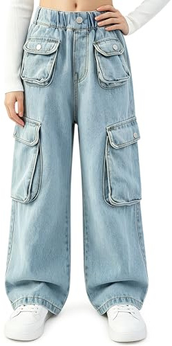Keyck Jean Baggy Filles Pantalon Cargo Ample Wide Leg Denim Jeans 7-15 Ans | Ado Pants, avec Taille Élastique, Loose Fit, Long Denim Jeans à Jambes Larges, avec Poches, Casual Streetwear pour Enfant