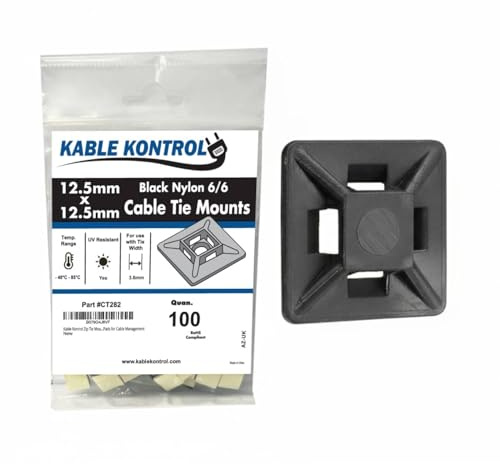 Kable Kontrol Zip Tie Mounts, 1/2” Sq, Black, 100 Pcs, Adhesive Backed Multi-Purpose UV-Resistant Mounting Squares Nylon Cable Tie Wrap Anchor Pads for Cable Management