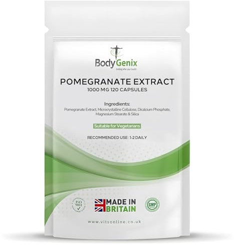 Bodygenix Pomegranate Extract Capsules - 1000mg Digestion Skin Joints Health Support Antioxidant Enriched Suitable for Vegetarians Natural Supplement - 120 Capsules 4 Month Supply