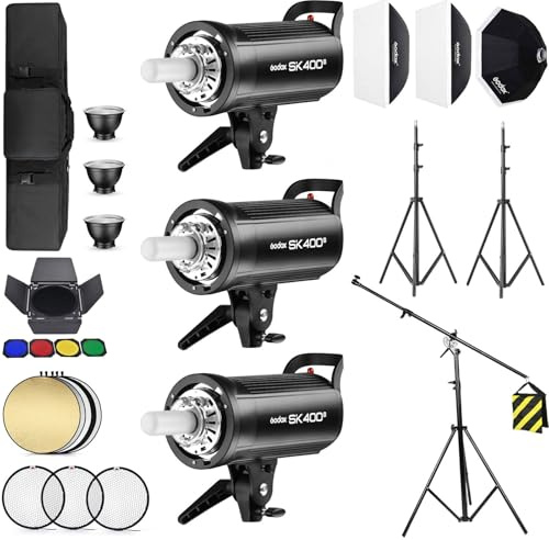 Godox SK400II 1200Ws 2.4G Speedlite Studio Flash Strobe Monolight Bowens Kit de montaje para fotografía de estudio, kit de puerta de granero, estuche de transporte