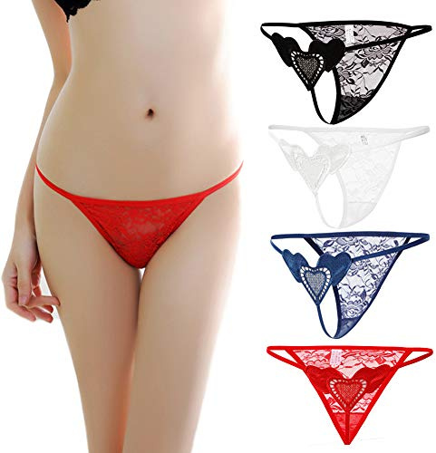 VicSec 4 Pack Braguitas Mujeres Sexy Encaje Fina, Erótica Tanga Suave G-String Atractiva Lencería Interior Espalda Decora Corazon Talla Única (Negro+Blanco+Rojo+Azul)