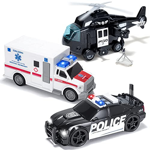 JOYIN Toddler Truck Toys for 3 4 5 6 7 Year Old Boys - Police Car Toy Set, Emergency Vehicle Playset, Friction Powered Car with Lights and Sounds, Birthday Gifts for Boys Girls Age 3-9