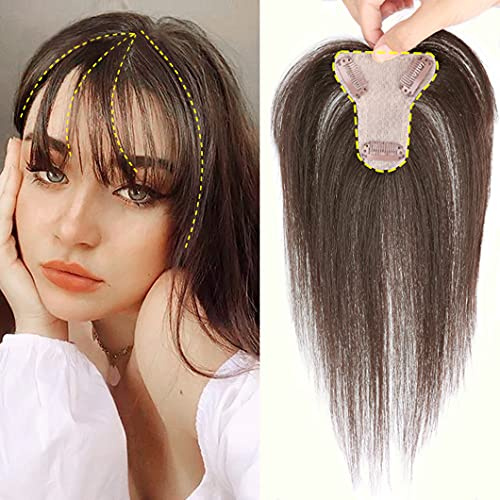 EREE HAIR Damen Toupet Clip in kurzes, glattes Haar Topper mit Pony Top Topper Haarverlängerung echtes menschliches Haar Ersatz Wiglet Haarteile für dünner werdendes Haar 20,3 cm Kastanienbraun