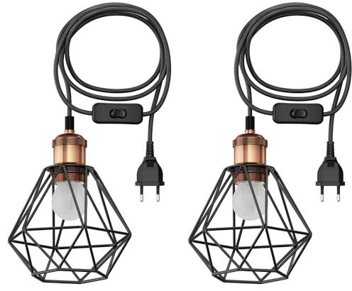 ledscom.de 2 Stück Textilkabel RETRA, Vintage, mit Stecker, Schalter und E27 Fassung, bronze, 3 m, mit schwarzem Käfig-Schirm + LED 477lm warmweiß