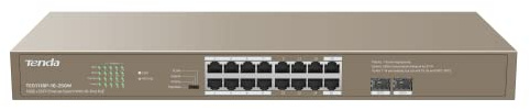 Tenda Switch PoE 18 Porte Gigabit, 16 Porte PoE+ 250W, Ogni Porta Fino a 30 W, 2 Porte SFP Uplink Gigabit, Una chiave Standard/Estendi/Vlan/Priorità, QoS, Trasmissione Fino a 250 M, TEG1118P-16-250W