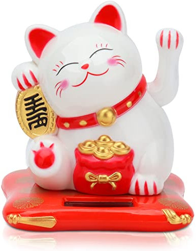 Cyrank Glückskatze Solarbetriebene, Lucky Cat, Winkekatze, Chinesische Glückskatze, winkender Arm Begrüßungskatze Süße Reichtumskatze Kleine Feng Shui Glückskatze Dekor für Home Display Decor(Weiß)