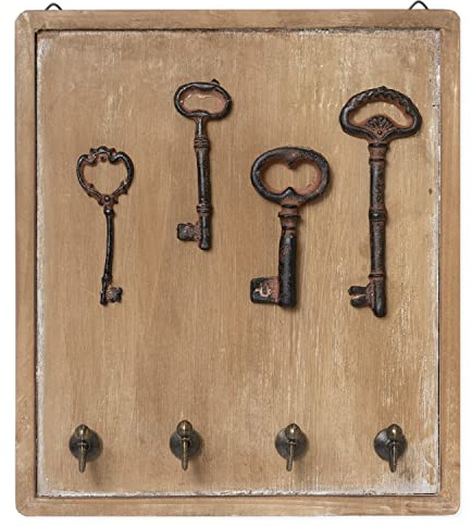 Moritz Schlüsselbrett Holz 4 Haken antike Schlüssel braun 25 cm – Deko | Holzboard im Vintage-Look mit vier Metallhaken, für Haus-, Auto-, Keller- und Briefkastenschlüssel im Eingang, Flur und Büro