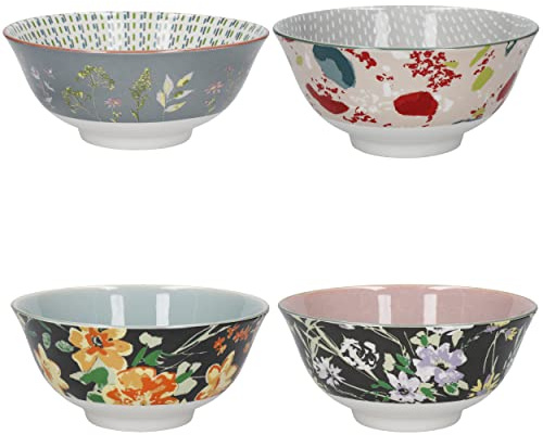 KitchenCraft Glaserad stengods skål set med 4, boho blommig, 15,5 x 7,5 cm, presentask, grön, grå, orange, rosa