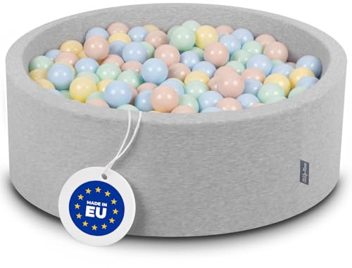 KiddyMoon Bollhav på 90 x 30 cm, med 200 bollar med en diameter på 7 cm, bollpool med färgglada bollar för spädbarn och barn, rund, ljusgrå: pastellbeige/pastellblå/pastellgul/mintgrön