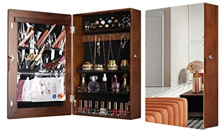 Wandmontierte Schmuck Armoire mit Spiegel, Bad Eitelkeitsspiegel, Spiegel mit kosmetischem Lagerregal, abschließbarer Juwelierschrank Organisator for Frauen Mädchen