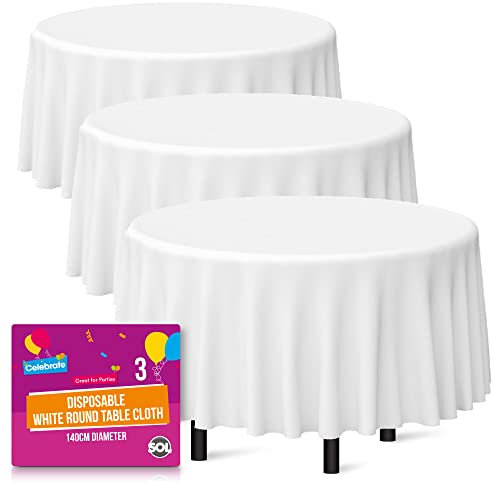 SOL 3pk White Round Table Cloth Disposable 140cm Plastic Circular Party Cover - Durable Spill Protection - For Christening, Weddings, Anniversaries, Buffets, Catering, Restaurants & Outdoor Events