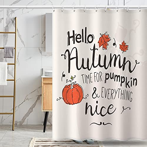 Hoisy Shower Curtains Anti Mold, Badezimmer Duschvorhang Kürbis Und Ahornblatt Beige-Orange-Schwarz Größe 180X180CM