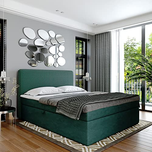 Boxspringbett Doppelbett Suzi - Gepolstertes Kopfteil mit Einer Eleganten Weichen Kissendesign. Bett mit Bonellmatratze mit Bettkasten für Bettwäsche und Topper. (Grun, 200x200)
