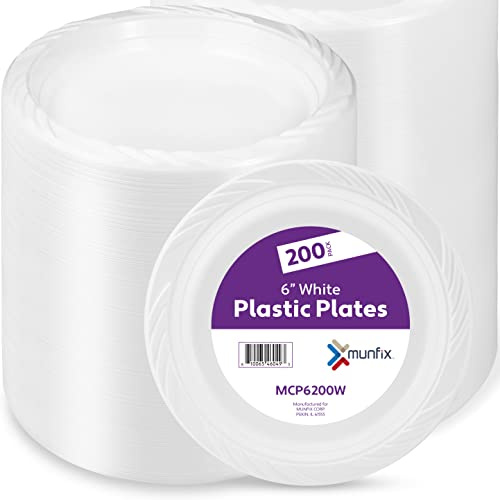 Munfix 200 White Plastic Dessert Plates, 6 Inch Disposable Plates, Bulk Pack for Party, BBQ, Picnic, Parties, Travel and Events, Microwavable Recyclable