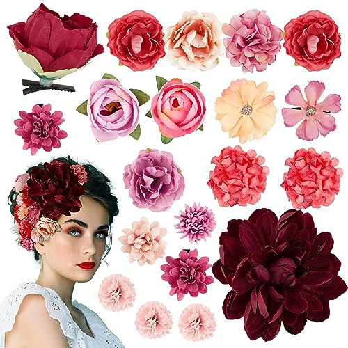 20PCS Barrette Fleur Artificielle Pince à Cheveux Bohême Hair Clips Epingle à Cheveux pour Femmes Filles Hawaii Décoration pour Coiffure de Carnaval Danseuse Piscine Plage Fête Mariage,Rouge
