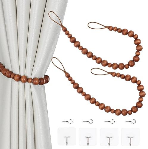 OCIOLI 2-Piece Wood Bead Boho Curtain Tiebacks & Holdbacks - Curtain Tie Adjustable Wall Hooks with No Damage Design for Bedroom, Nursery and Boho Home Decor (Coffee,2)