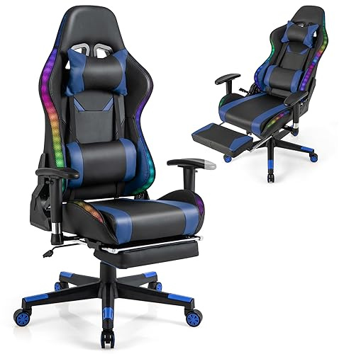 COSTWAY Gaming Stuhl mit RGB-LED-Leuchten und einziehbarer Fußstütze, ergonomischer Bürostuhl mit Verstellbarer Rückenlehne, Armlehne, Lordosenstütze, Computerstuhl, Drehstuhl bis 160 kg belastbar
