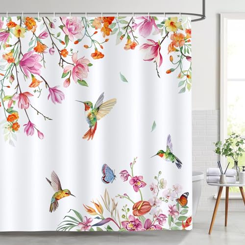 Bonhause Blommig kolibri duschdraperi blomma fåglar växt vår badrumsgardin 180 x 180 cm vattentätt mögel- och mögelbeständigt polyestertyg baddraperi med 12 krokar