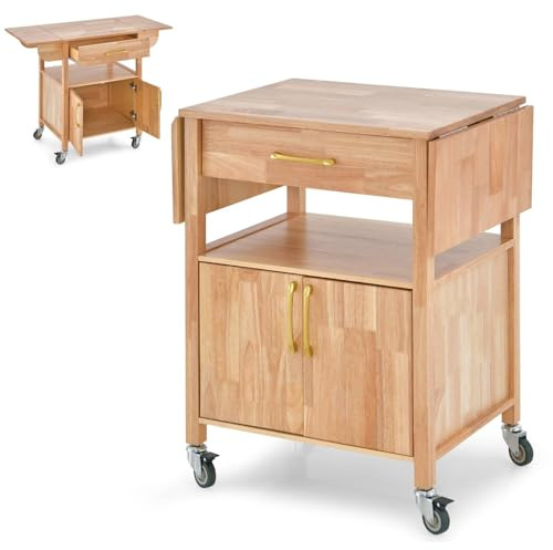 GiantexUK Kitchen Island on Wheels, Rolling Serving Trolley with Large Drawer, Open Shelf, 2-Doors Cabinet & Drop Leaf Countertop, Mobile Storage Cart for Dining Living Room Coffee Bar