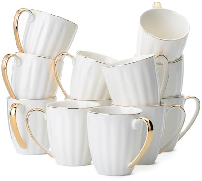 BTaT- Weiße Kaffeetassen mit Goldrand, 340 ml, Porzellan-Kaffeetassen für Kaffeetassen, 12 Stück