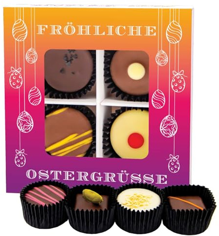 Hallingers Genuss Manufaktur Pralinen Oster-Geschenk - ohne Alkohol, handmade aus Confiserie-Edelkakao in wertiger Geschenkbox Fröhliche Oster..., Ostern Körbchen für Frauen Männer