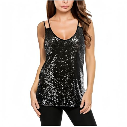 SamHeng Sequin Tank Camisole Tops for Women Sleeveless Glitter Vest Shirt Party Blouse V Neck Shining Cami Tank for Night Club Cocktail Party(Black/XL)
