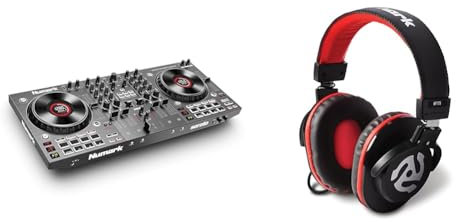 Numark NS4FX - Controladora DJ de 4 canales, jog wheels táctiles con pantallas, pads y efectos & HF175 - Auriculares de DJ de diseño cerrado, transductores de 40mm