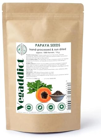 100% Natural Sun Dried Papaya Seeds | High Papain & Carpain Content | No Additives | Vegan | Laboratory Tested | Gluten & Lactose Free | Ethycally sourced | 15g (approx 1000 seeds)