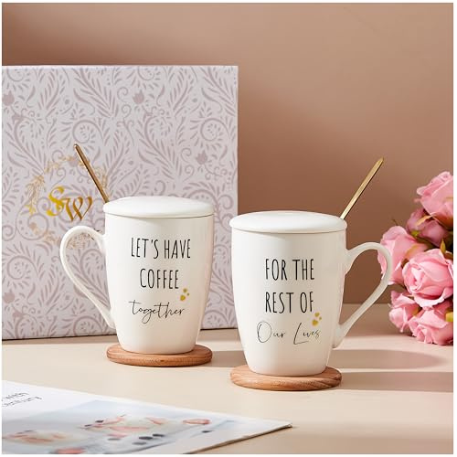 Swuut 12oz Ceramic Couple's Coffee Mugs - Set of 2 - Newlywed Engagement & Wedding Gift for Couples - Bridal Shower & Housewarming Gift (White)