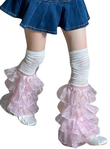 Damen-Beinstulpen mit Rüschen, Y2K, gestufte Spitze, ausgestellte Stiefelstulpen, Bezüge, Lolita-Socken, Harajuku-Armstulpen, A-Weiß / Rosa, One size