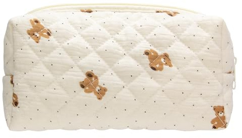 PAZIMIIK Vintage Quilted Makeup Bag Cosmetic Pouch for Brushes Pencils and Travel Make Up Accessories for Women and Girls Bear Beige