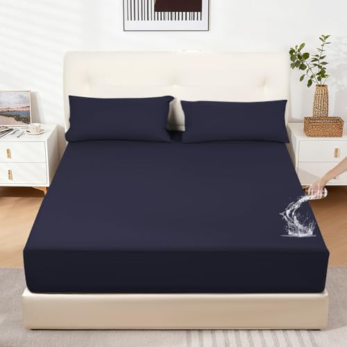 DUJUIKE Spannbettlaken, Spannbettlaken wasserdicht, Matratzenschoner, wasserdicht, feuchtigkeitsbeständig, atmungsaktiv, geeignet für Matratzen mit Einer Höhe von 20-40 cm (Navy blau, 200 x 220 cm)