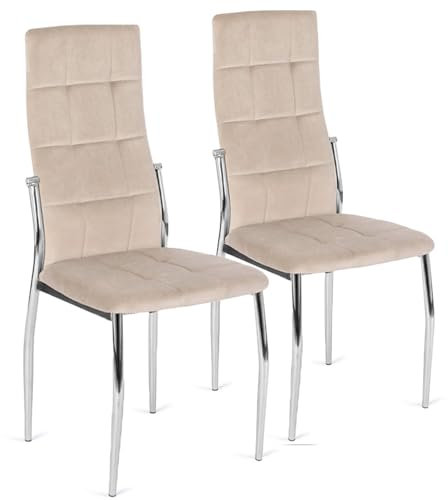 MEBEL ELITE Esszimmerstühle 2er Set – Weiche Stühle aus Velourstoff in Beige – Gepolsterte Stühle mit silbernen Metallbeinen – Moderne, Pflegeleichte Esszimmerstühle im eleganten Design