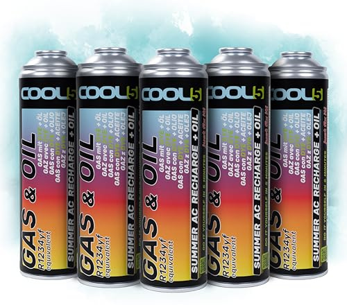 COOL5 2-i-1-5 x ersättning för kylmedel R1234yf med olja, laddning luftkonditionering för bilar efter 2016-5 burkar + universalrengöringsmedel 500 ml