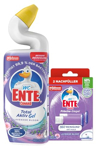 WC-Ente Total Aktiv Gel, Flüssiger WC-Reiniger, antibakteriell, Toilettenreiniger, Lavender Bloom, 1er Pack, 750 ml + WC-Ente Frische-Siegel Nachfüller, 12 Gel WC-Steine, Lavendel Duft, 2 x 36 ml