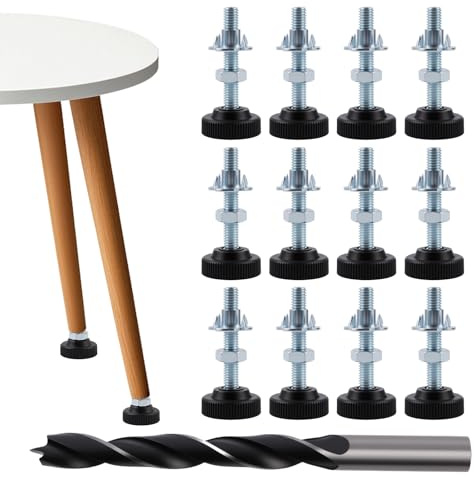 Orixo 12 Stück Stellfüße M8 X 50 mm mit Einschlagmuttern, Verstellbare Füße Runde Stellfuß Verhindern, Kontermuttern und Metallbohrern, Verstellschraube M8, Möbelfüße, für Möbel Füße Stuhl Tisch